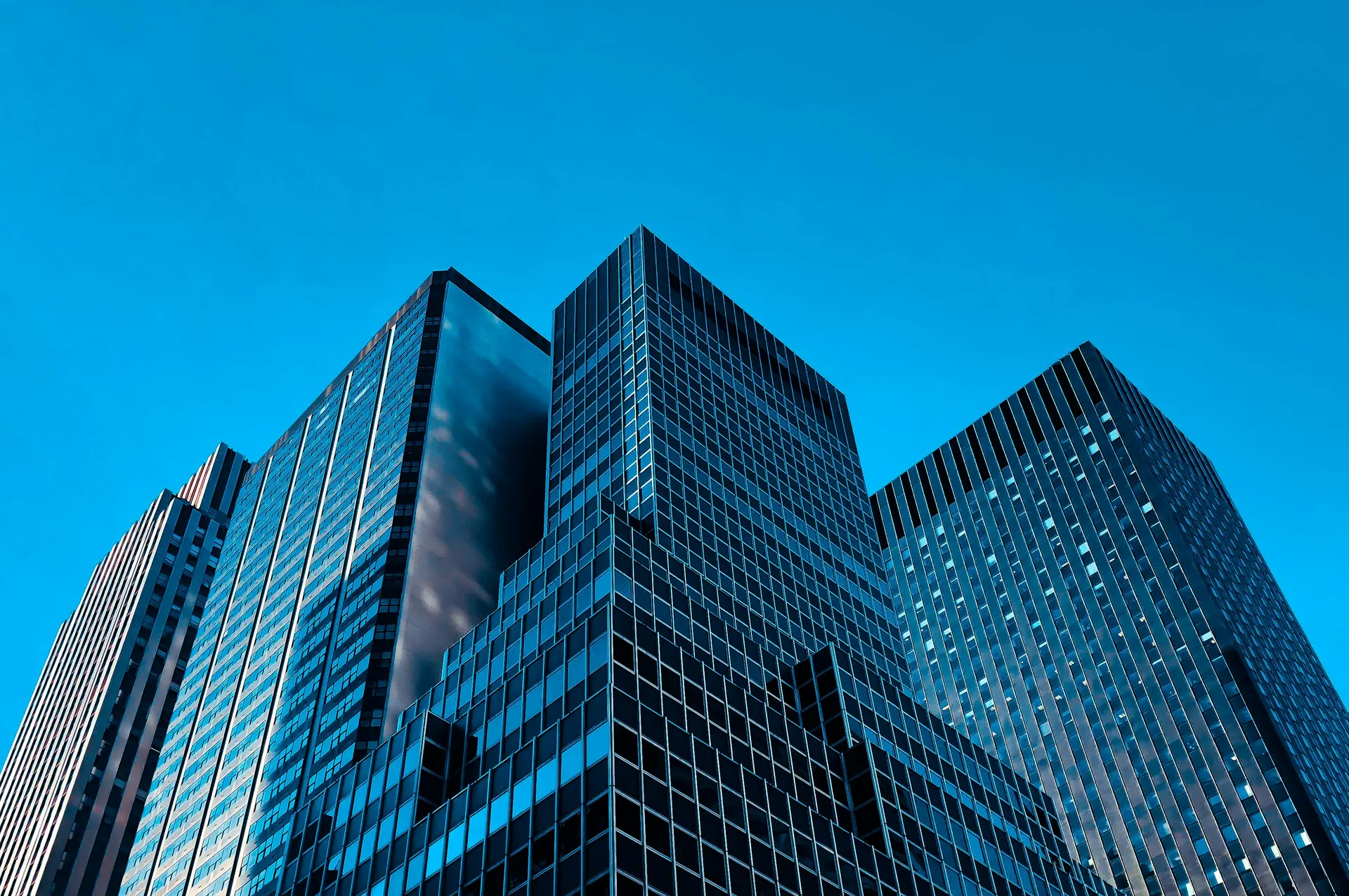 Low-angle view of precisely gridded commercial towers